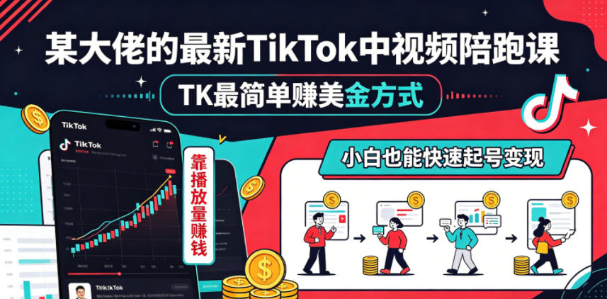 某大佬的最新TikTok中视频陪跑课,TK最简单賺美金方式,靠播放量賺钱,小白也能快速起号变现-荆楚AI