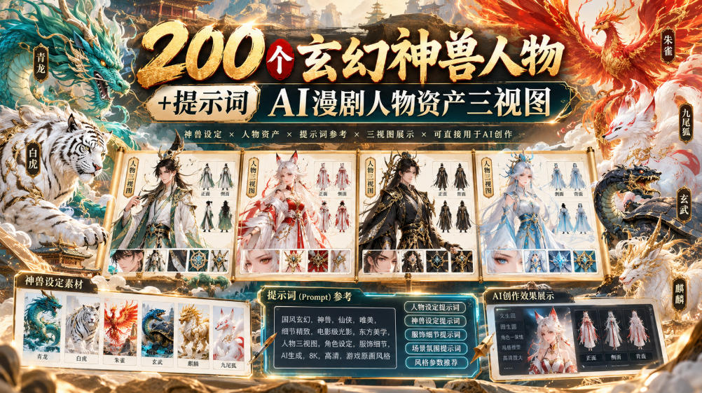 200个玄幻神兽人物+提示词ai漫剧人物资产三视图-荆楚AI