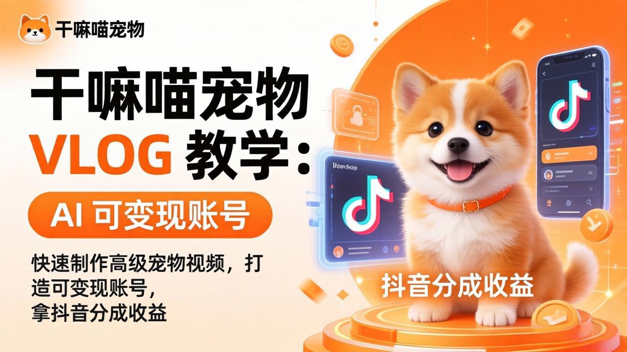干嘛喵宠物 VLOG 教学：AI 快速制作高级宠物视频，打造可变现账号，拿抖音分成收益小淇云库-创业网-网赚副业-网创副业-项目拆解-技术类创业资源网-副业网-免费资源下载小淇云库