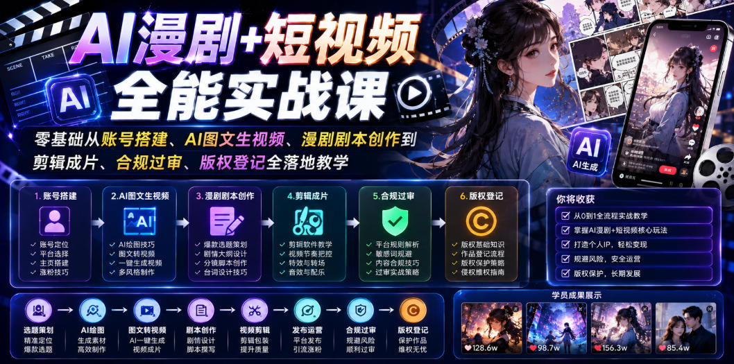 AI漫剧+短视频全能实战课｜零基础从账号搭建、AI图文生视频、漫剧剧本创作到剪辑成片、合规过审、版权登记全落地教学-荆楚AI