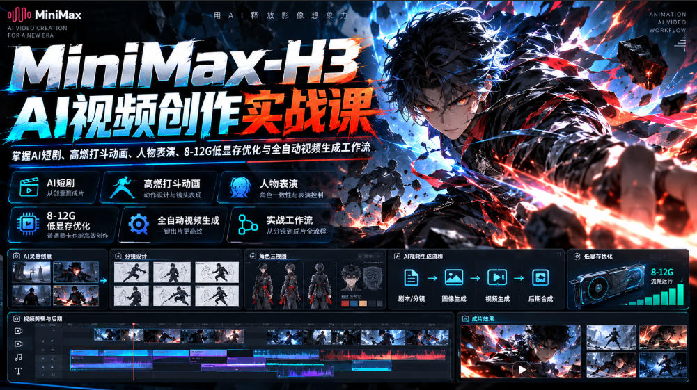 MiniMax-H3 AI视频创作实战课,掌握AI短剧、高燃打斗动画、人物表演、8-12G低显存优化与全自动视频生成工作流 MiniMax-H3 AI视频创作实战课,掌握AI短剧、高燃打斗动画、人物表演、8-12G低显存优化与全自动视频生成工作流