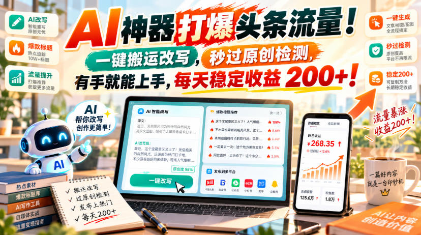 AI神器打爆头条流量,一键搬运改写,秒过原创检测,有手就能上手,每天稳定收益200+!【揭秘】-荆楚AI