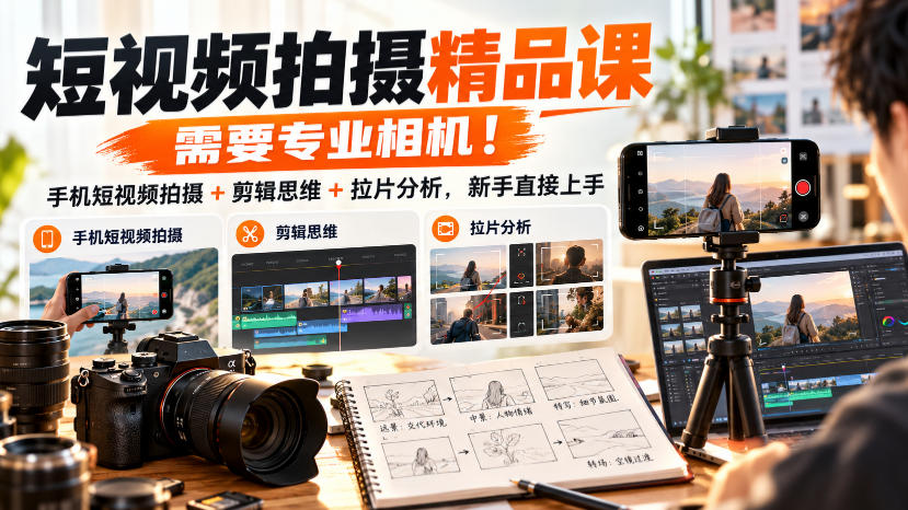 短视频拍摄精品课,需要专业相机!手机短视频拍摄+剪辑思维+拉片分析,新手直接上手-荆楚AI