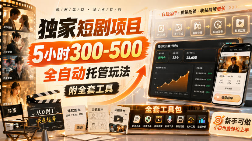 独家短剧项目,5小时300-500,全自动托管玩法,附全套工具【揭秘】-荆楚AI