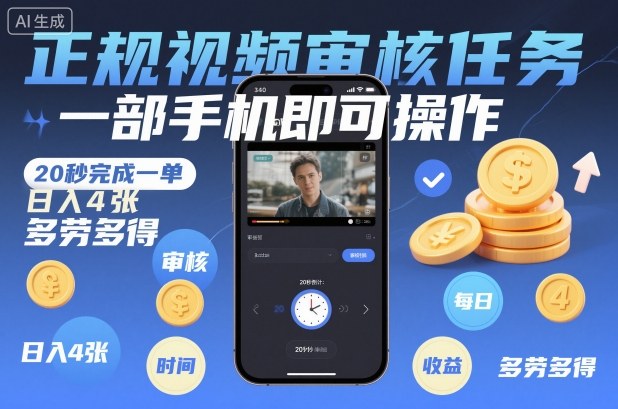 正规视频审核任务,一部手机即可操作,20秒完成一单,日入4张,多劳多得【揭秘】小淇云库-创业网-网赚副业-网创副业-项目拆解-技术类创业资源网-副业网-免费资源下载小淇云库