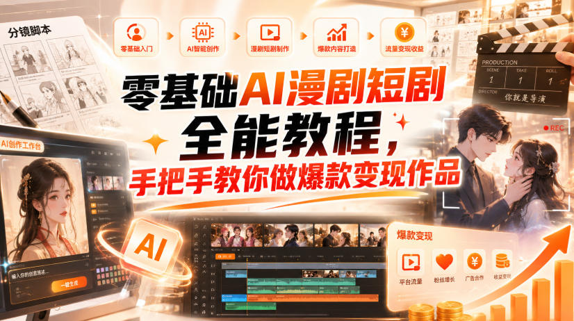 零基础AI漫剧短剧全能教程,从AI智能体搭建、文案脚本分镜、多平台AI生视频、剪映精修,覆盖全题材创作,手把手教你做爆款变现作品-荆楚AI
