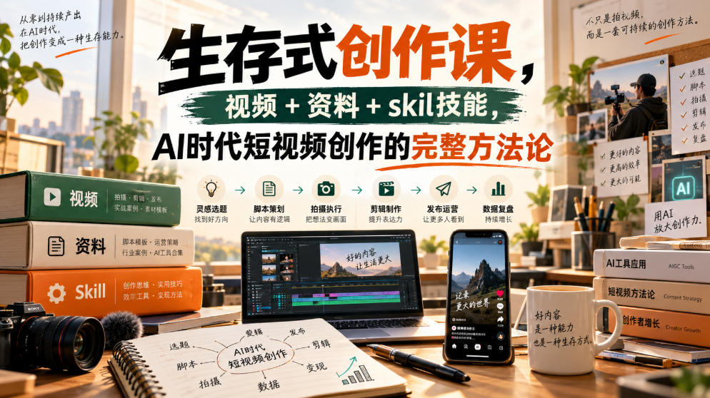 生存式创作课，视频+资料+skil技能，ai时代短视频创作的完整方法论-荆楚AI