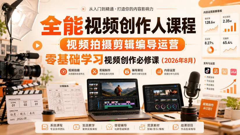 全能视频创作人课程，视频拍摄剪辑编导运营，零基础学习视频创作必修课(2026年8月)-荆楚AI