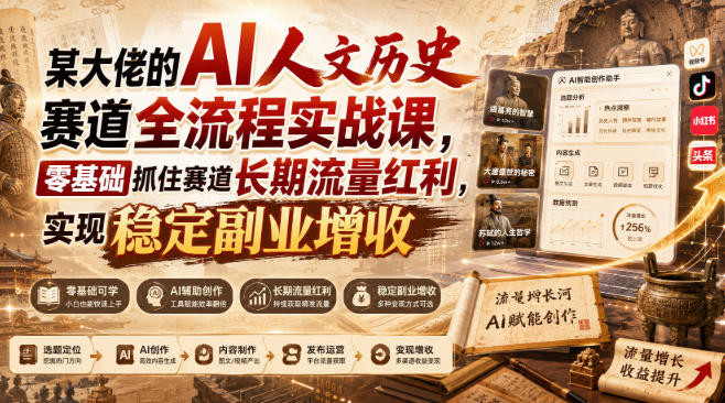 某大佬的AI人文历史赛道全流程实战课,零基础抓住赛道长期流量红利,实现稳定副业增收-荆楚AI