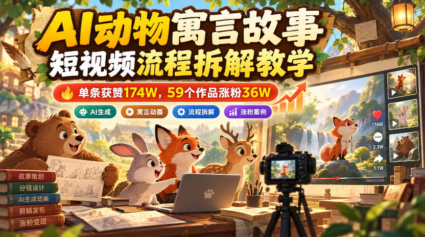 AI动物寓言故事短视频流程拆解教学，单条获赞174W，59个作品涨粉36W-荆楚AI