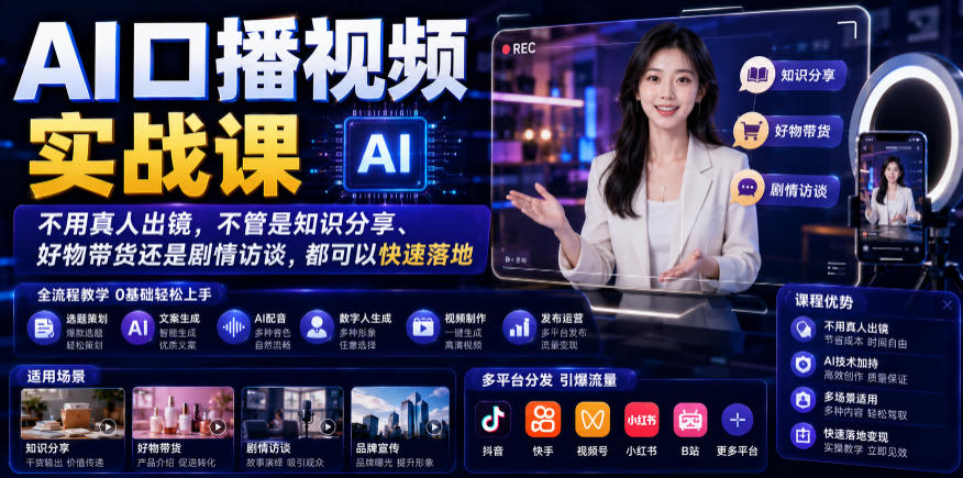 AI口播视频实战课，不用真人出镜，不管是知识分享、好物带货还是剧情访谈，都可以快速落地-荆楚AI