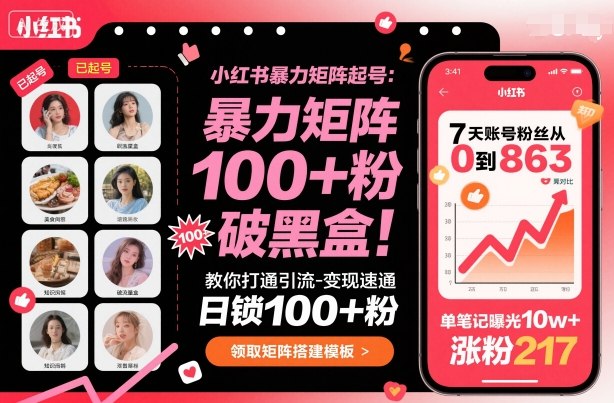 小红书暴力矩阵起号，教你打通引流-变现速通，日锁100+粉，破流量黑盒小淇云库-创业网-网赚副业-网创副业-项目拆解-技术类创业资源网-副业网-免费资源下载小淇云库