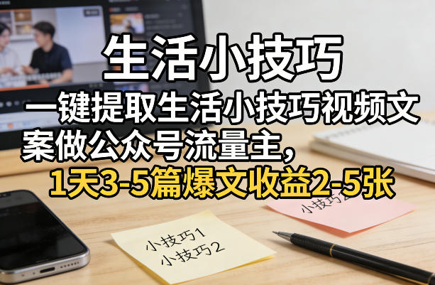 一键提取生活小技巧视频文案做公众号流量主，1天3-5篇爆文收益2-5张小淇云库-创业网-网赚副业-网创副业-项目拆解-技术类创业资源网-副业网-免费资源下载小淇云库