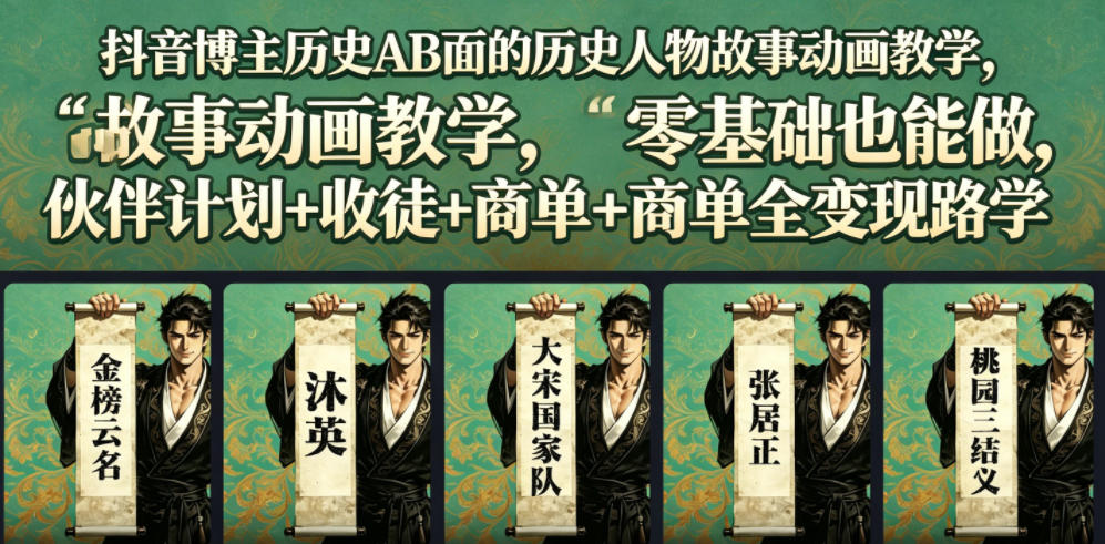 抖音博主历史AB面的历史人物故事动画教学,零基础也能做,伙伴计划+收徒+商单全变现路径教学-荆楚AI