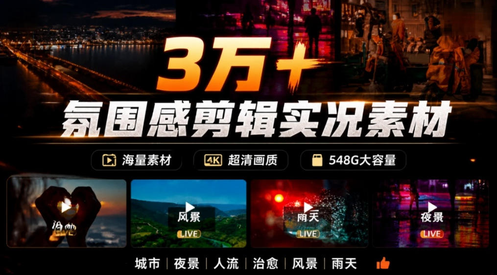 氛围感3W+海量高清剪辑实况素材，含雨天、雪天、夜景、街道等经典场景，伤感唯美励志短视频无水印素材