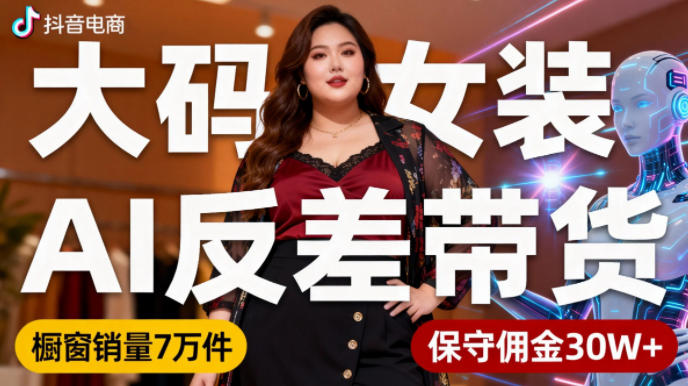 抖音小众赛道，大码女装AI反差带货，不用直播，每天6条作品，橱窗卖7万件，保守佣金30W+小淇云库-创业网-网赚副业-网创副业-项目拆解-技术类创业资源网-副业网-免费资源下载小淇云库