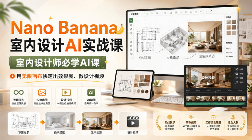 Nano Banana室内设计AI实战课，室内设计师必学AI课，用无限画布快速出效果图、做设计视频-荆楚AI