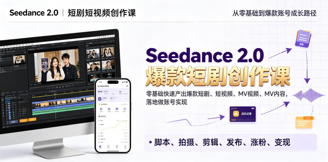Seedance 2.0短剧短视频创作课，零基础快速产出爆款短剧、短视频、MV内容，落地做账号实现变现-荆楚AI
