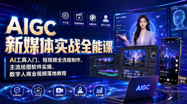 AIGC新媒体实战全能课｜AI工具入门、短视频全流程制作、主流绘图软件实操、数字人商业视频落地教程-荆楚AI