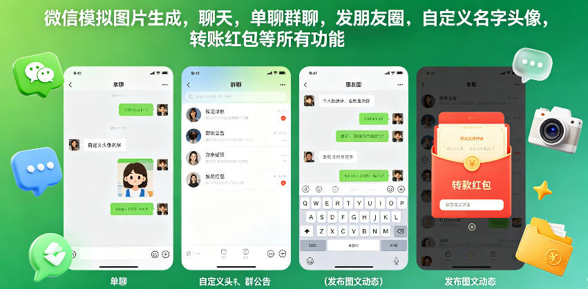 微信模拟图片生成，聊天，单聊群聊，发朋友圈，自定义名字头像，转账红包等所有功能都可以生成-荆楚AI