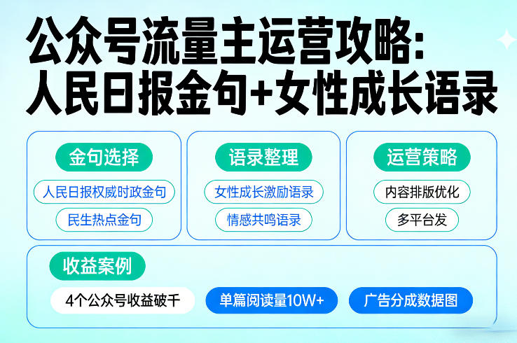 利用人民日报金句+女性成长语录做公众号流量主，4个公众号收益破千小淇云库-创业网-网赚副业-网创副业-项目拆解-技术类创业资源网-副业网-免费资源下载小淇云库