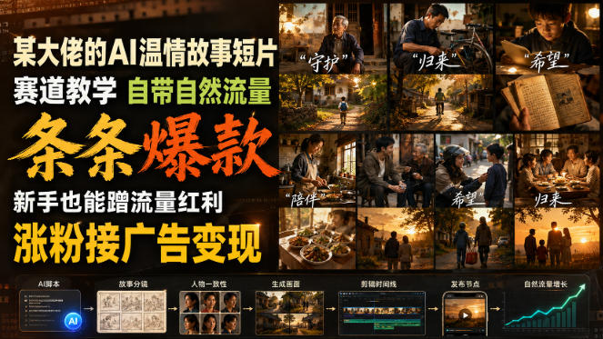 某大佬的AI温情故事短片赛道教学，自带自然流量，条条爆款，新手也能蹭流量红利，涨粉接广告变现-荆楚AI