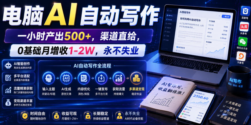 电脑AI自动写作，一小时产出500+，渠道直给，0基础月增收1-2W，永不失业【揭秘】-荆楚AI