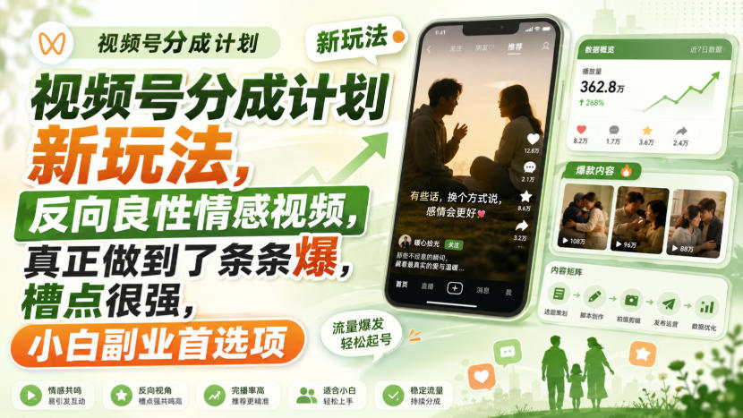 视频号分成计划新玩法,反向良性情感视频,真正做到了条条爆,槽点很强,小白副业首选项-荆楚AI