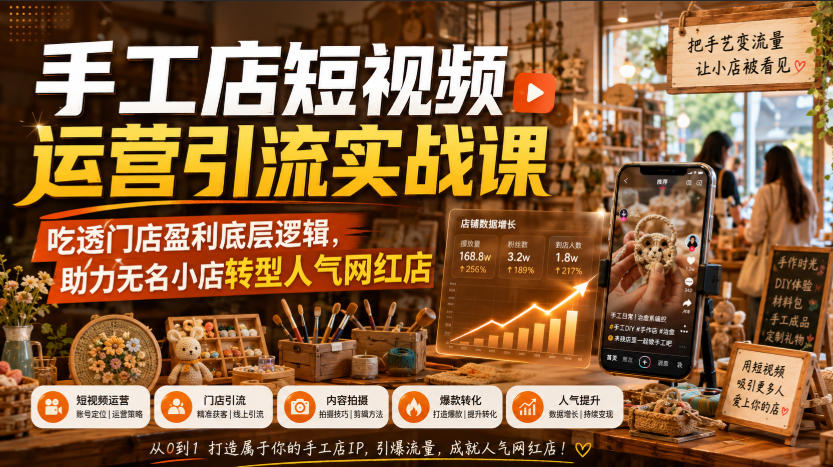 手工店短视频运营引流实战课,吃透门店盈利底层逻辑,助力无名小店转型人气网红店-荆楚AI