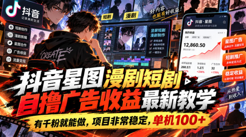 抖音星图漫剧短剧自撸广告收益最新教学，有千粉就能做，项目非常稳定，单机100+-荆楚AI