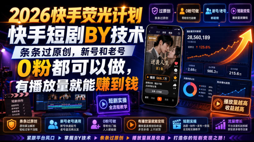 2026快手荧光计划，快手短剧搬运技术，条条过原创，新号和老号0粉都可以做，有播放量就能賺到钱-荆楚AI