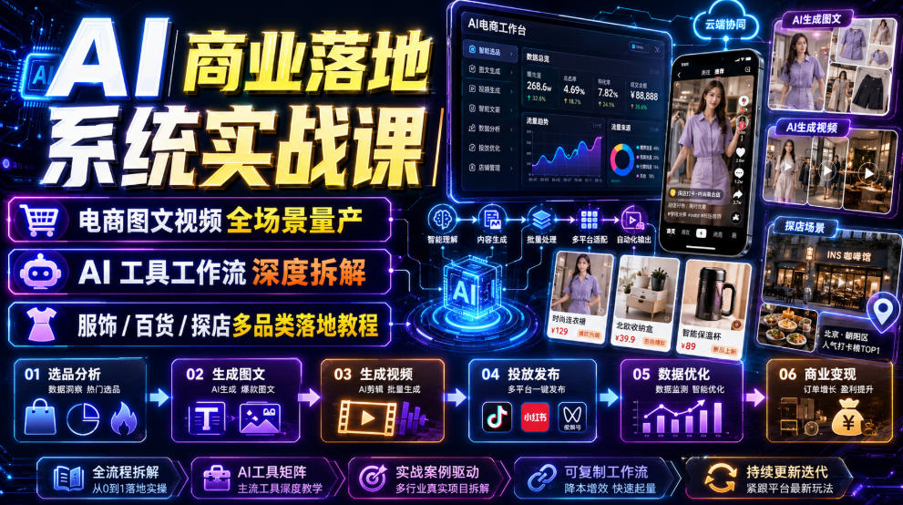 AI商业落地系统实战课｜电商图文视频全场景量产・AI工具工作流深度拆解・服饰/百货/探店多品类落地教程-荆楚AI