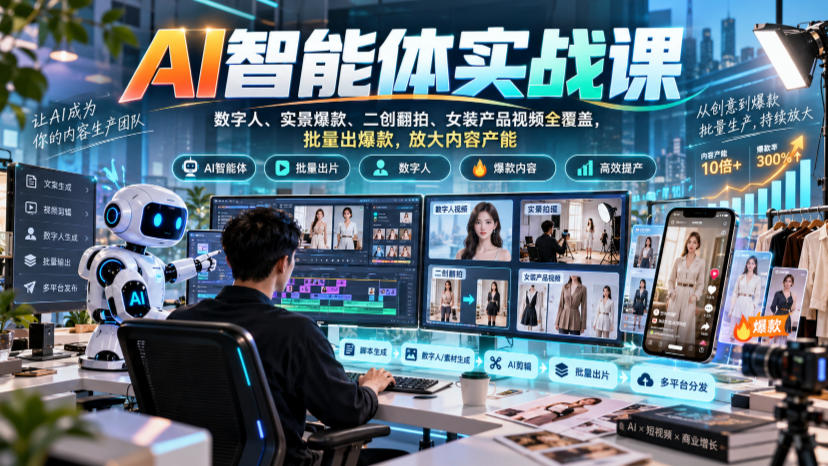 AI智能体实战课，数字人、实景爆款、二创翻拍、女装产品视频全覆盖，批量出爆款，放大内容产能-荆楚AI