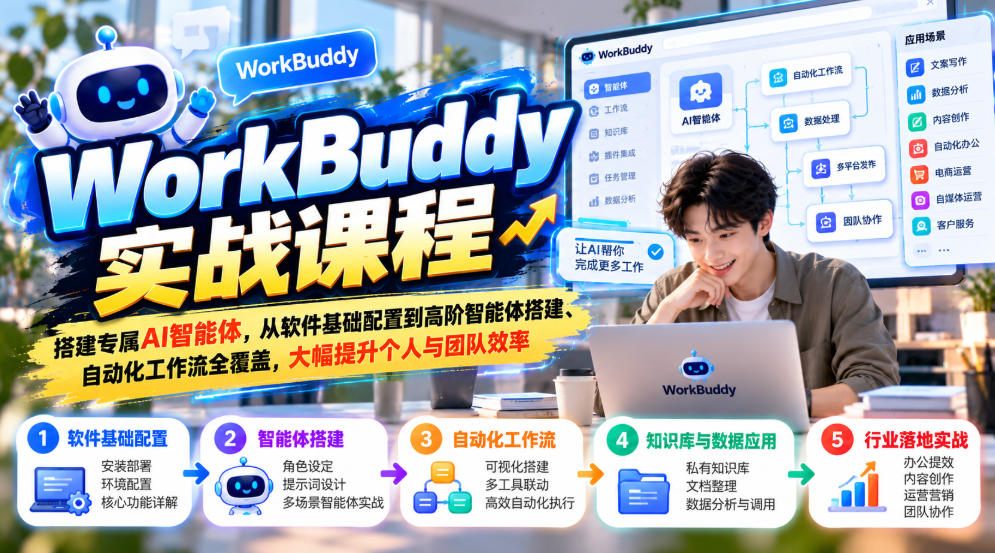 WorkBuddy实战课程,搭建专属AI智能体,从软件基础配置到高阶智能体搭建、自动化工作流全覆盖,大幅提升个人与团队效率-荆楚AI