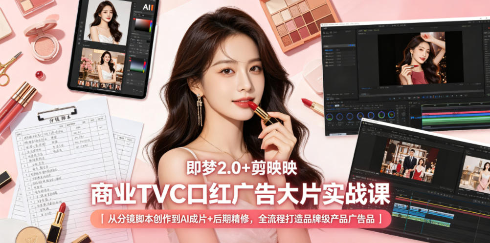 即梦2.0+剪映商业TVC口红广告大片实战课｜从分镜脚本创作到AI成片+后期精修，全流程打造品牌级产品广告-荆楚AI