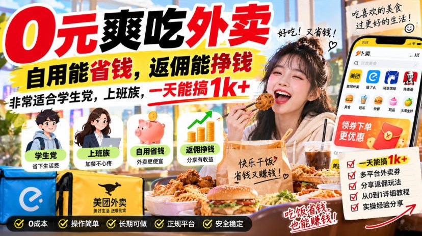 0元爽吃外卖,自用能省钱,返佣能挣钱,非常适合学生党,上班族,一天能搞1k+-荆楚AI