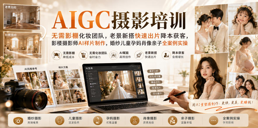 AIGC摄影培训|无需影棚化妆团队,老景新搭快速出片降本获客,影楼摄影师AI样片制作,婚纱儿童孕妈肖像亲子全案例实操-荆楚AI