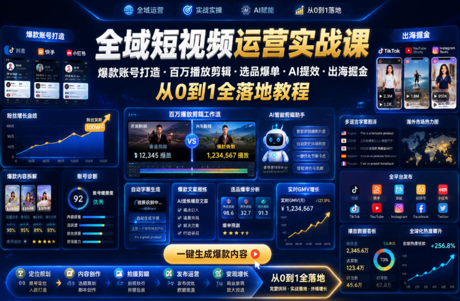 全域短视频运营实战课，爆款账号打造・百万播放剪辑・选品爆单・AI提效・出海掘金，从0到1全落地教程-荆楚AI