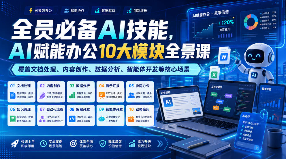 全员必备AI技能，AI赋能办公10大模块全景课，覆盖文档处理、内容创作、数据分析、智能体开发等核心场景-荆楚AI