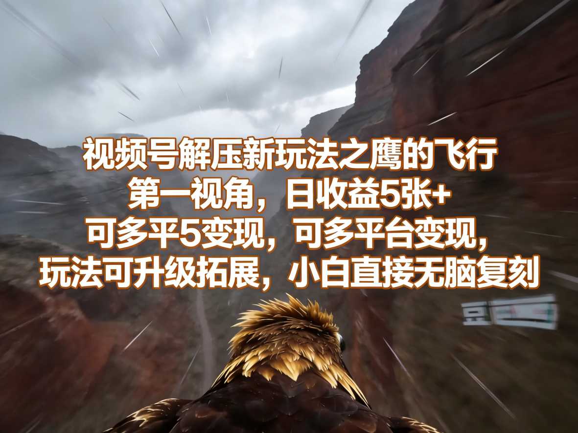 视频号解压新玩法之鹰的飞行第一视角,日收益5张+,可多平台变现,玩法可升级拓展,小白直接无脑复刻小淇云库-创业网-网赚副业-网创副业-项目拆解-技术类创业资源网-副业网-免费资源下载小淇云库