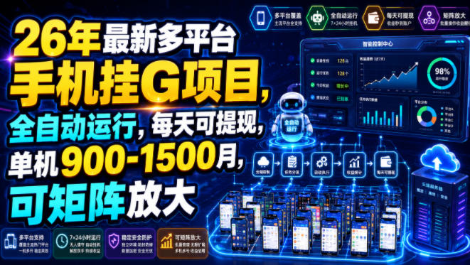 26年最新多平台手机挂G项目，全自动运行，每天可提现，单机900-1500月，可矩阵放大【揭秘】-荆楚AI