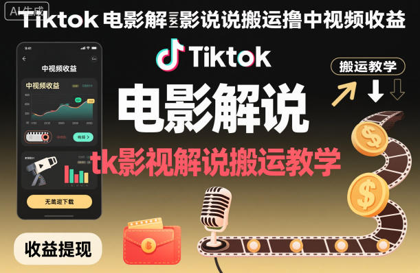 Tiktok电影解说搬运撸中视频收益，tk影视解说搬运教学-荆楚AI