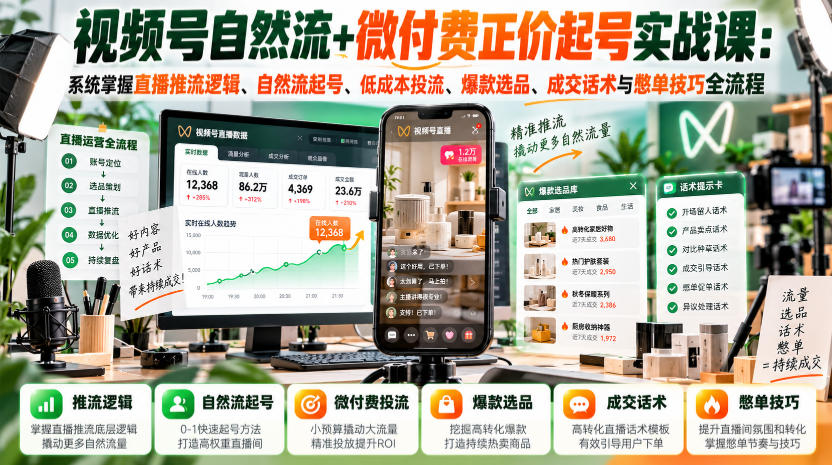视频号自然流+微付费正价起号实战课:系统掌握直播推流逻辑、自然流起号、低成本投流、爆款选品、成交话术与憋单技巧全流程-荆楚AI