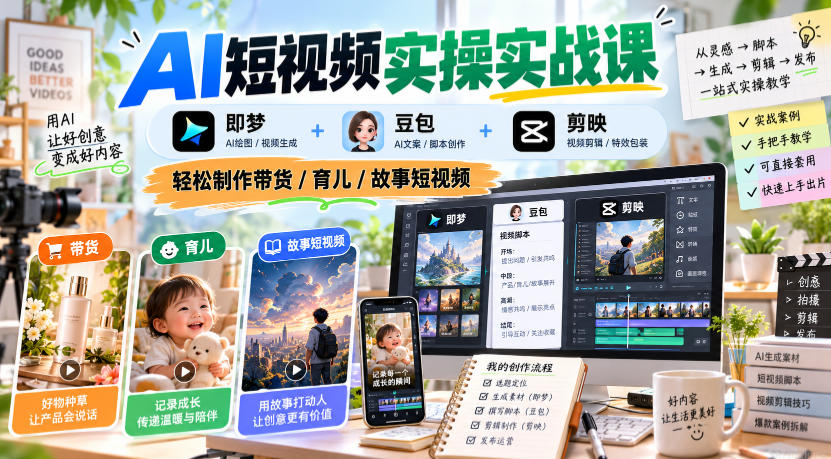 AI短视频实操实战课,即梦+豆包+剪映,轻松制作带货/育儿/故事短视频-荆楚AI