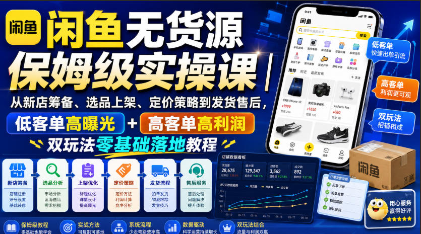 闲鱼无货源保姆级实操课｜从新店筹备、选品上架、定价策略到发货售后，低客单高曝光+高客单高利润双玩法零基础落地教程-荆楚AI
