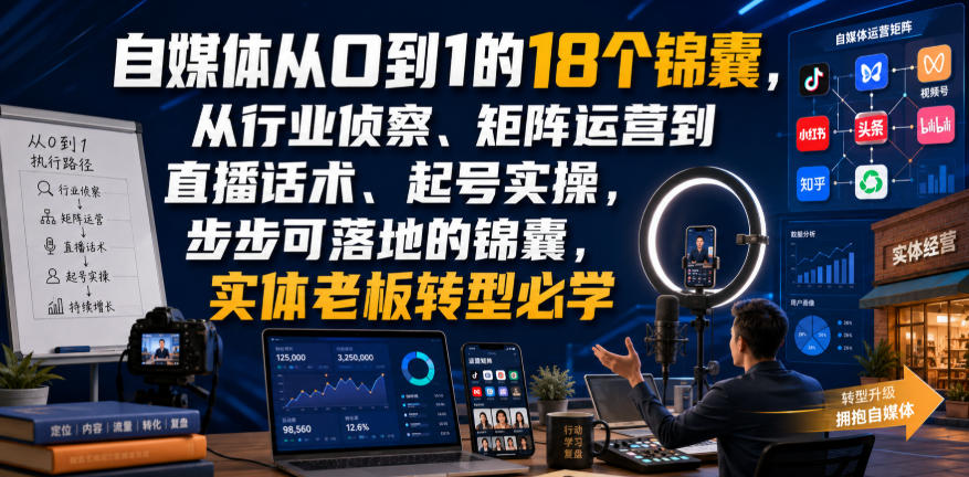 自媒体从0到1的18个锦囊,从行业侦察、矩阵运营到直播话术、起号实操,步步可落地的锦囊,实体老板转型必学-荆楚AI