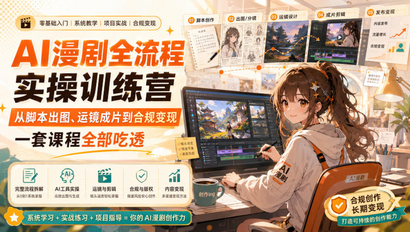AI漫剧全流程实操训练营,从脚本出图、运镜成片到合规变现,一套课程全部吃透-荆楚AI