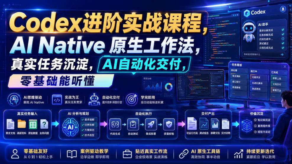 Codex进阶实战课｜AI Native原生工作法，22节真实任务落地，从配置到AI自动化交付全链路教程-荆楚AI