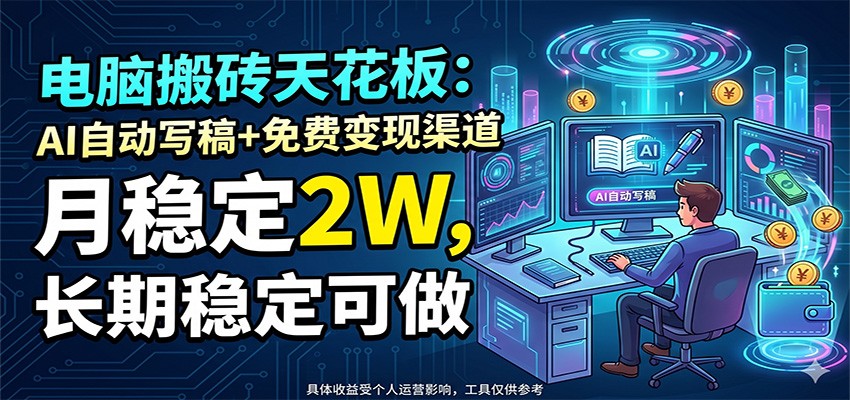 电脑搬砖天花板：AI自动写稿+免费变现渠道，月稳定2W，长期稳定可做-荆楚AI
