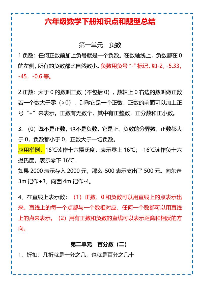 六年级下数学下册知识点题型总结